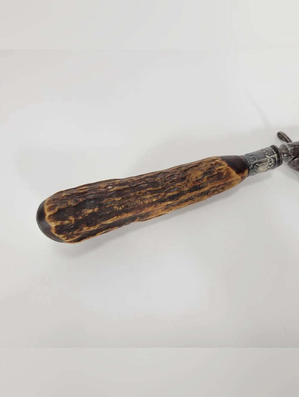 Vintage Sterling Silver Antler Handle Carving Serving Fork Meat Utensil Antique